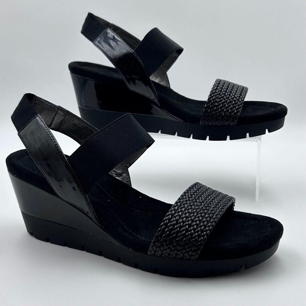 Bandolino Mateja‎ Sandals Womens 9.5 Black Woven Patent Wedge Platform Lug Sole
